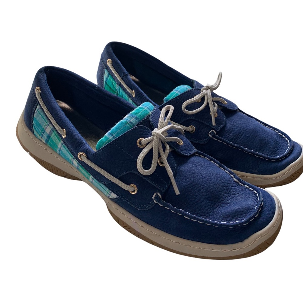 TOMMY HILFIGER BLUE LEATHER UPPER LOAFERS WITH PLAID SIDE DETAILS SIZE 11M